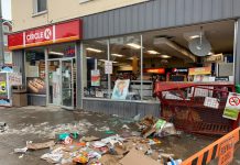 Some of the damage caused after a vehicle hit a convenience store at McDonnel and Aylmer Streets in Peterborough following a two-vehicle collision the morning of Feburary 7, 2023. Police have charged a 52-year-old driver with failing to stop for a red light. (Photo courtesy of Brian Parypa)