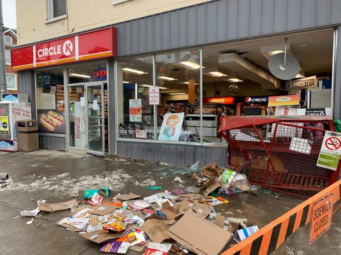 Some of the damage caused after a vehicle hit a convenience store at McDonnel and Aylmer Streets in Peterborough following a two-vehicle collision the morning of Feburary 7, 2023. Police have charged a 52-year-old driver with failing to stop for a red light. (Photo courtesy of Brian Parypa)