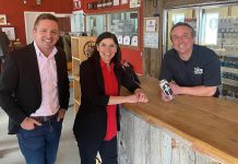 Filomena Tassi, the minister responsible for the Federal Economic Development Agency for Southern Ontario (FedDev Ontario) with Glengarry-Prescott-Russell MP Francis Drouin (left) and Brasserie Tuque de Broue Brewery Inc. owner Nicolas Malboeuf (right) on February 13, 2023 in Embrum, where Tassi announced nearly $40 million over the next three years for Community Futures Development Corporations in southern Ontario. (Photo: FedDev Ontario)