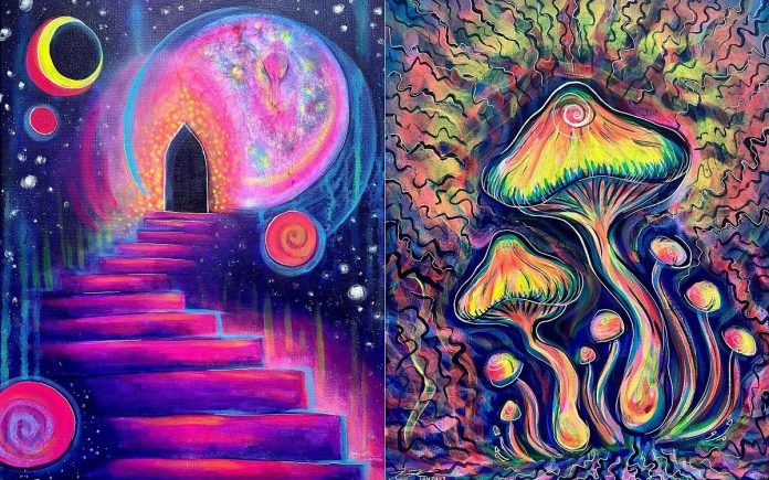 Colourful and UV-reactive art by Raine Knudsen will be featured in "Portals of Curiosity", her first solo art show, at Jason Wilkins Factory/Peterborough Arts Collective. (Photos: Raine Knudsen)