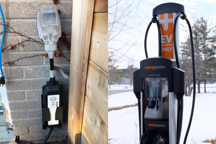 A Level 1 charging plug (left), commonly used by general consumers to charge their electric vehicles overnight, can charge an average of 200 kilometres of driving in an electric vehicle in 20 hours. A Level 2 charger (right) is faster than a Level 1, but still requires four to 10 hours to "fill the tank". They are a great option for businesses with heavier vehicle usage and are relatively affordable to set up. (Photos: Jackie Donaldson and Lili Paradi / GreenUP)