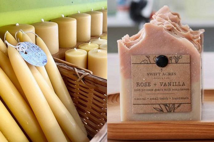 This Old Flame beeswax candles and Swift Acres natural cold-pressed soaps are two of the many locally made products available at the GreenUP Store in downtown Peterborough. (Photos courtesy of the GreenUP Store)