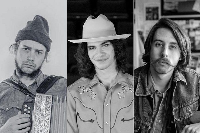 Peterborough musicians Benj Rowland, Nicholas Campbell, and Nathan Truax will be joining host Melissa Payne for a songwriters' revue at Jethro's Bar + Stage in downtown Peterborough on Sunday night. (kawarthaNOW collage)