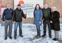 Kevin Cornish and Janet Dawson (second and third from left) of Indian River Acres in Peterborough County were honoured at Sunderland Co-operative Inc. on February 6, 2023 with the inaugural Peterborough Agricultural Innovation Award for their sustainable method of farming pumpkins. Also pictured are Garth Stoner from Sunderland Co-op (left), Elmer Buchanan from the Peterborough Agricultural Roundtable, and Peterborough County Warden Bonnie Clark. (Photo courtesy of Peterborough Agricultural Roundtable)