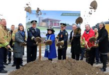City of Peterborough official, including Mayor Jeff Leal and Peterborough Fire Services Chief Chris Snetsinger, break ground at the future home of Fire Station 2 on February 16, 2023. (Photo courtesy of the City of Peterborough)