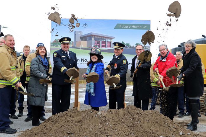 City of Peterborough official, including Mayor Jeff Leal and Peterborough Fire Services Chief Chris Snetsinger, break ground at the future home of Fire Station 2 on February 16, 2023. (Photo courtesy of the City of Peterborough)