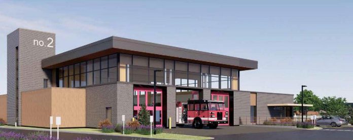 An architectural rending of the new Fire Station 2 proposed facing north east, with three firetrucks lined up in the fire bay. (Illustration: Lett Architects Inc.)