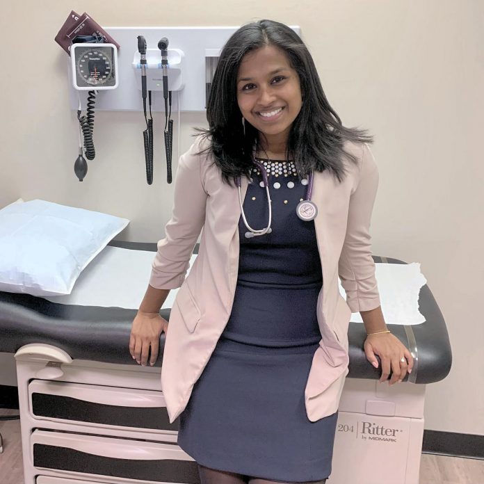 Relatively new to Peterborough herself, having completed her residency here in 2018 after graduating from medical school at the University of Alberta, Dr. Madura Sundareswaran is a first-generation Canadian, her parents having come to Canada from Sri Lanka and settling in Toronto where she was raised. She lives in Peterborough with her husband, Dr. Mathew Moore, who is also a family doctor. (Photo courtesy of Peterborough Newcomer Health Clinic)