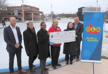 Peterborough mayor Jeff Leal met with representatives from the Ontario Lottery and Gaming Corporation (OLG) and Shorelines Casino Peterborough's operator Great Canadian Entertainment on February 10, 2023 at Quaker Foods City Square to recognize the $1,588,620 in revenue the city received from OLG for hosting the casino. The city used 43 per cent of that total to help pay for the construction of Quaker Foods City Square. (Photo courtesy of City of Peterborough)