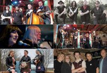 A total of 43 musicians in 15 acts are donating their time and talents at 'Peterborough Performs III: Musicians United To End Homeless' at Showplace Performance Centre in downtown Peterborough on March 2, 2023, among them (clockwise from left): The Weber Brothers Band, Nicholas Campbell & The Two Metre Cheaters, Groove Authority, Jericho's Wall, The Receivers, and Rick and Gailie's Peterborough All-Star Band. (kawarthaNOW collage)