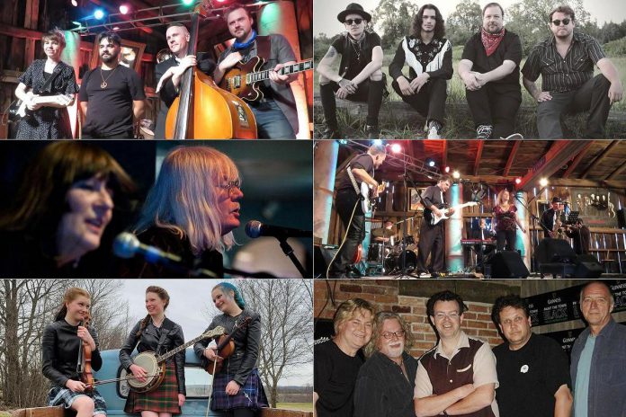 A total of 43 musicians in 15 acts are donating their time and talents at 'Peterborough Performs III: Musicians United To End Homeless' at Showplace Performance Centre in downtown Peterborough on March 2, 2023, among them (clockwise from left): The Weber Brothers Band, Nicholas Campbell & The Two Metre Cheaters, Groove Authority, Jericho's Wall, The Receivers, and Rick and Gailie's Peterborough All-Star Band. (kawarthaNOW collage)
