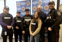 In February 2023, members of the Mobile Crisis Intervention Teams included PRHC mental health nurse Dakota Forsyth, Peterborough police constables Jaymie Rye and Jason Morris, CMHA HKPR mental health workers M. Faught and A. Swift, and Peterborough police constable Scott Levitt. (Photo: Peterborough Police Service)