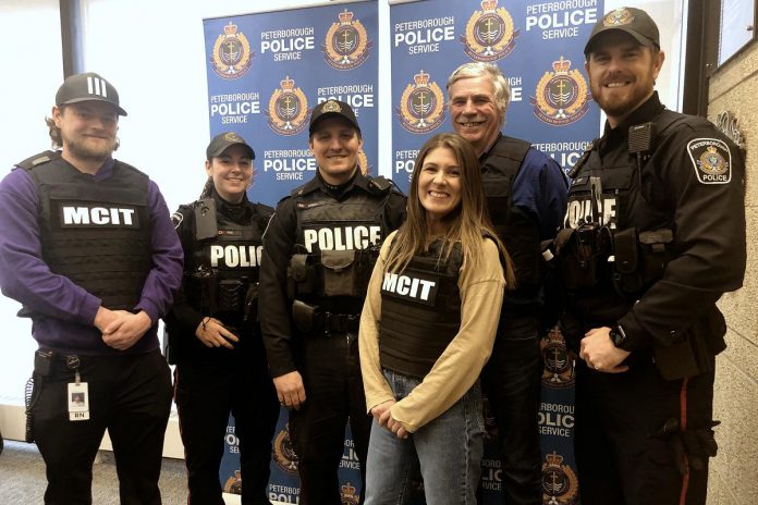 In February 2023, members of the Mobile Crisis Intervention Teams included PRHC mental health nurse Dakota Forsyth, Peterborough police constables Jaymie Rye and Jason Morris, CMHA HKPR mental health workers M. Faught and A. Swift, and Peterborough police constable Scott Levitt.  (Photo: Peterborough Police Service)