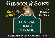 What happens when a small-town funeral home owner and his family meet his secret online Russian bride-to-be (and her sister)? That's the premise behind Canadian playwright Kristen Da Silva's award-winning comedy "Gibson & Sons," playing at the Peterborough Theatre Guild for 10 performances from February 24 to March 11, 2023. (Graphic: Peterborough Theatre Guild)