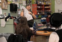 Renowned textile artist Alice Olsen Williams visits a Grade 10 art class at Thomas A. Stewart Secondary School in Peterborough for "These Are The Artists In Your Neighbourhood", where six local artists each prepared an educational art workshop for the class and then had conversations with the students that were recorded and edited. The conversations will be presented at a free launch and listening party at The Gallery of Sorts at Watson & Lou in downtown Peterborough during the First Friday Peterborough Art Crawl on March 3, 2023. (Photo courtesy of Public Energy)