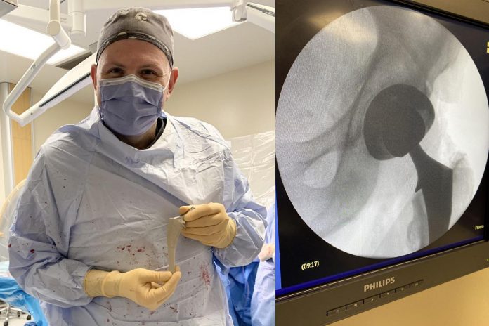 Ross Memorial Hospital orthopaedic surgeon Dr. Sebastian Heaven (left) with the Insignia femoral stem implant, before a hip replacement surgery at the Lindsay hospital on February 15, 2023 that saw the prosthetic device implanted into the hip of patient Arthur Goard (right). The procedure was the first time the Insignia femoral stem implant has been used in Ontario.  (Photos courtesy of Ross Memorial Hospital)