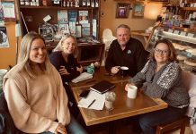 "Team Ptbo" at a morning coffee meeting at Black Honey in downtown Peterborough: Community Futures Peterborough's new executive director Devon Girard (left), Peterborough and the Kawarthas Chamber of Commerce President and CEO Sarah Budd (second from left), Peterborough Downtown Business Improvement Area executive director Terry Guiel, and Peterborough & the Kawarthas Economic Development president and CEO Rhonda Keenan. (Photo courtesy of Terry Guiel)