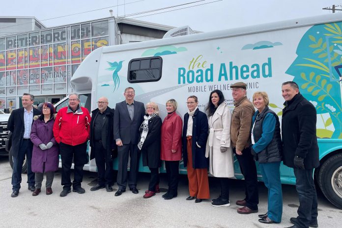 Community partners and local politicians at a media event in Lakefield on February 16, 2023 where the Canadian Mental Health Association Haliburton, Kawartha, Pine Ridge launched  'The Road Ahead', a mobile wellness clinic. (Photo courtesy of CMHA HKPR)