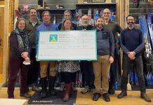 A cheque for $16,800 was presented to the Canadian Mental Health Association Haliburton, Kawartha, Pine Ridge (CMHA HKPR) at Wild Rock Oufitters in downtown Peterborough, representing the funds raised by an eight-hour ski relay event held on January 22, 2023 at the Kawartha Nordic Ski Club in North Kawartha Township. The proceeds will support CMHA HKPR's Garden Homes Project to support vulnerable individuals who are at risk of homelessness in the Peterborough area. (Photo courtesy of CMHA HKPR)