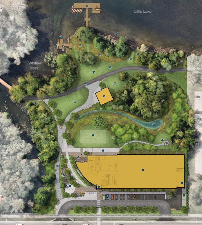 A detail from a conceptual illustration showing The Canadian Canoe Museum (the large gold area), with Little Lake at the top and Ashburnham Drive at the bottom. The lakefront campus includes the Canoe House (the small gold area) and, on the other side of the Trans Canada Trail, an accessible boardwalk, a dock for voyageur canoe tours, a large dock for teaching and canoe and kayak rentals, an accessible canoe and kayak launch, and a walk-in canoe launch. Also pictured is the gathering circle at the entrance to the museum, at the bottom left. (Illustration by Basterfield & Associates Ltd., courtesy of The Canadian Canoe Museum)