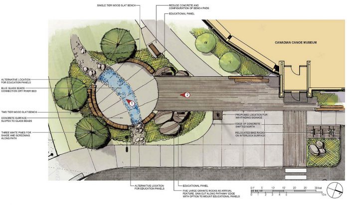 The gathering circle outside the main entrance of the The Canadian Canoe Museum will provide a welcoming space for visits before or after their visit to the museum, and a space for rest and reflection. Wood slat benches, built-in speakers, and a small amphitheatre built into the surrounding granite stones will enable it to host special events. (Illustration by Basterfield & Associates Ltd., courtesy of The Canadian Canoe Museum)