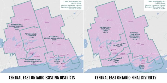 The existing federal electoral districts in the greater Kawarthas region with the final boundary changes in the 2023 report of the Federal Electoral Boundaries Commission for Ontario. The final boundary changes reflect the public consultation process. (Graphic: kawarthaNOW from Federal Electoral Boundaries Commission for Ontario)