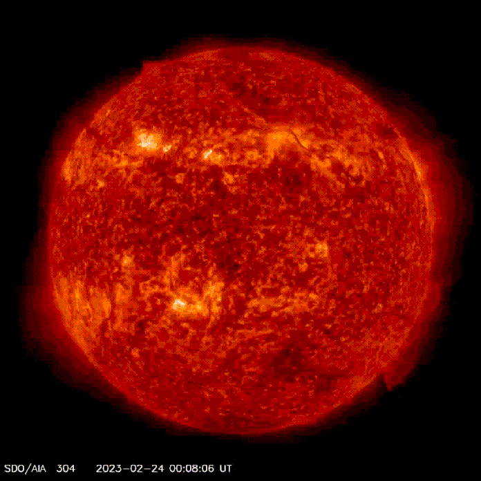 This coronal mass ejection on the Sun on February 24, 2023 (towards the end of the animation) reached Earth on February 27 and produced a display of northern lights across Alaska, Canada, northern Europe, and even the northernmost U.S. states. (kawarthaNOW animation from NASA Solar Dynamics Observatory)