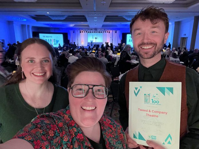 Emily Mewett, Tricia Black, and Tim Porter of Tweed & Company Theatre with their Festivals and Events Ontario award at a ceremony in London, Ontario on March 8th, 2023. (Photo: Tricia Black)