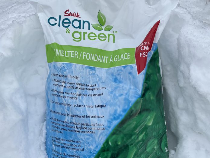 Salt in melted ice can enter our storm drains and waterways and cause harm to our fish and wildlife. Use an environmentally friendly alternative like Swish Clean and Green Ice Melter, which contains a 30 per cent magnesium chloride solution that reduces harm to concrete, garden, pets, and waterways. (Photo: Jessica Todd / GreenUP)