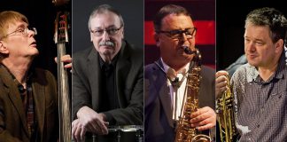 Toronto-based Juno-nominated jazz quartet Time Warp (Al Henderson, Barry Elmes, Kelly Jefferson, and Kevin Turcotte) will headline International Jazz Day Peterborough on April 30, 2023 with a matinee concert at Market Hall Performing Arts Centre in downtown Peterborough. (kawarthaNOW collage of photos from Time Warp)