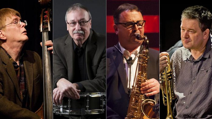 Toronto-based Juno-nominated jazz quartet Time Warp (Al Henderson, Barry Elmes, Kelly Jefferson, and Kevin Turcotte) will headline International Jazz Day Peterborough on April 30, 2023 with a matinee concert at Market Hall Performing Arts Centre in downtown Peterborough. (kawarthaNOW collage of photos from Time Warp)