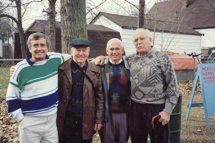 Former Peterborough mayor and city councillor Jack Doris (second from right) in the 1980s with the late Peter Adams (left) when he was MPP for Peterborough, community activist John Taylor (the late father of kawarthaNOW publisher Jeannine Taylor), and the late community activist Bruce Knapp, during a fundraiser for McKellar Hamilton Park, now known as the John Taylor Memorial Park. (Photo: Jeannine Taylor)