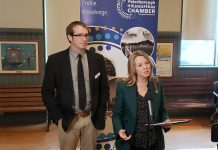 Ontario NDP leader Marit Stiles speaks at a media event at the Peterborough and the Kawarthas Chamber of Commerce office in downtown Peterborough on March 14, 2023. Also pictured is Joel Wiebe, the Chamber's vice president of government relations and communications. (Photo: Jeannine Taylor / kawarthaNOW)