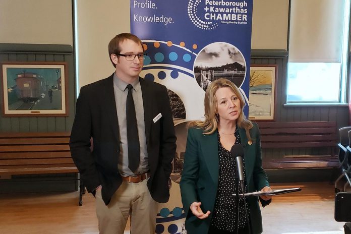 Ontario NDP leader Marit Stiles speaks at a media event at the Peterborough and the Kawarthas Chamber of Commerce office in downtown Peterborough on March 14, 2023. Also pictured is Joel Wiebe, the Chamber's vice president of government relations and communications. (Photo: Jeannine Taylor / kawarthaNOW)
