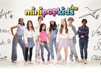 The Mini Pop Kids (Kyra, Julia, Noam, Glee, Aliya Rose, Abby, Vasili, and Izzy) will perform family-friendly covers of hit pop tunes at Showplace Performance Centre at 2 p.m. and 6 p.m. on April 8, 2023. Students from Peterborough dance school Imagine Studios will be joining them on stage. (Photo: Mini Pop Kids / K-Tel)