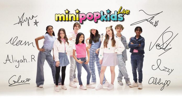 The Mini Pop Kids (Kyra, Julia, Noam, Glee, Aliya Rose, Abby, Vasili, and Izzy) will perform family-friendly covers of hit pop tunes at Showplace Performance Centre at 2 p.m. and 6 p.m. on April 8, 2023. Students from Peterborough dance school Imagine Studios will be joining them on stage. (Photo: Mini Pop Kids / K-Tel)