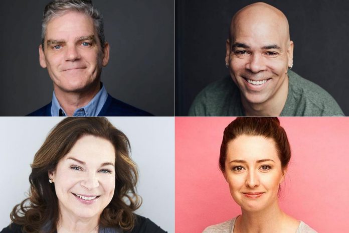 New Stages Theatre brings (left to right, top and bottom) Shawn Wright, Beau Dixon, Linda Kash, and Peyton LeBarr to Market Hall Performing Arts Centre in downtown Peterborough on March 26, 2023, for a one-night-only staged reading of acclaimed Canadian playwright Daniel MacIvor's bittersweet comedy "New Magic Valley Fun Town". (kawarthaNOW collage of supplied photos)