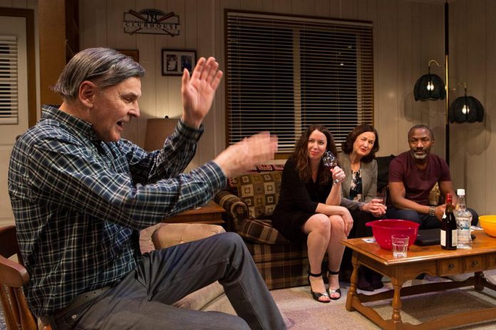 Daniel MacIvor (left) as Dougie in the 2019 Tarragon Theatre production of MacIvor's play "New Magic Valley Fun Town", with Stephanie MacDonald as Sandy, Caroline Gillis as Cheryl, and Andrew Moodie as Allen. (Photo: Cylla vonTiedemann)