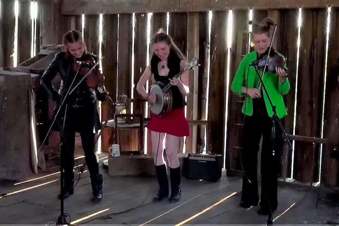 Young Celtic music trio The Receivers (Irish Millie, Fern Marwood, Willow Marwood) perform in Peterborough at the Peterborough Performs III United Way fundraiser at Showplace on Thursday night, Jethro's Bar + Stage on Saturday night, and the Black Horse Pub on Sunday afternoon. (kawarthaNOW screenshot)