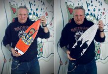 Peterborough DBIA executive director Terry Guiel displays both sides of the paddle he created for the third annual painted paddle outdoor art exhibit running in downtown Peterborough from March 3 to 24, 2023. Local artists and organizations have donated 31 painted paddles installed in storefront windows across downtown Peterborough that will be auctioned off to raise funds for a DBIA partnership with the One City Employment Program to establish a seasonal gardening team to employ people experiencing barriers to traditional employment. (Photos: Terry Guiel / Facebook)
