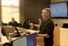 The Theatre On King's artistic director Ryan Kerr addresses Peterborough City Council on March 27, 2023 to appeal the decision to deny the arts organization a community investment grant for 2023 after providing them the maximum grant in 2022. (Photo: Sebastian Johnston-Lindsay)