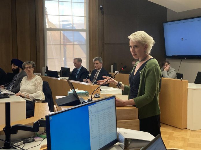 The Theatre On King's artistic administrator Kate Story addresses Peterborough City Council on March 27, 2023 to appeal the decision to deny the arts organization a community investment grant for 2023 after providing them the maximum grant in 2022. (Photo: Sebastian Johnston-Lindsay)