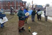 Members of the Peterborough Peace Council at their monthly vigil on the corner of George and MacDonnel streets in Peterborough on March 28, 2022. The group, which has held its monthy vigil consistently for the past eight years, will apply to form a local chapter of World Beyond War, a global nonviolent movement to end war and establish a just and sustainable peace. (Photo courtesy of Peterborough Peace Council)