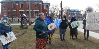 Members of the Peterborough Peace Council at their monthly vigil on the corner of George and MacDonnel streets in Peterborough on March 28, 2022. The group, which has held its monthy vigil consistently for the past eight years, will apply to form a local chapter of World Beyond War, a global nonviolent movement to end war and establish a just and sustainable peace. (Photo courtesy of Peterborough Peace Council)