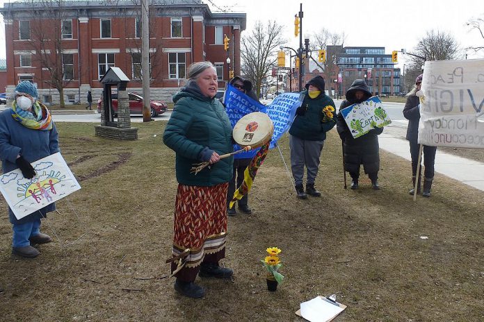 Members of the Peterborough Peace Council at their monthly vigil on the corner of George and MacDonnel streets in Peterborough on March 28, 2022. The group, which has held its monthy vigil consistently for the past eight years, will apply to form a local chapter of World Beyond War, a global nonviolent movement to end war and establish a just and sustainable peace. (Photo courtesy of Peterborough Peace Council)