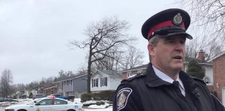 Peterborough police staff sergeant Dan MacLean spoke to the media on March 23, 2023 after a three-year-old girl died in hospital from injuries she sustained when she was struck in the driveway of a Woodglade Boulevard home when a vehicle left the roadway. (kawarthaNOW screenshot of Peterborough Police Service video)