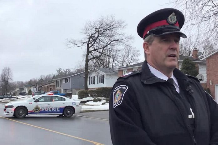 Peterborough police staff sergeant Dan MacLean spoke to the media on March 23, 2023 after a three-year-old girl died in hospital from injuries she sustained when she was struck in the driveway of a Woodglade Boulevard home when a vehicle left the roadway. (kawarthaNOW screenshot of Peterborough Police Service video)