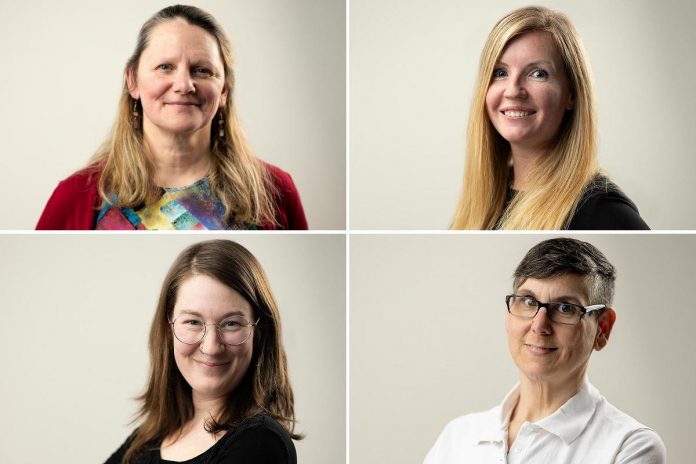 These four Peterborough entrepreneurs overcome pandemic challenges to launch businesses with a focus on helping people. Each particpated in Starter Company Plus, an entrepreneurial training program offered locally by the Peterborough & the Kawarthas Economic Development Business Advisory Centre with funding from the Ontario government. Left to right, top and bottom: Michelle Godfrey of Discover Trager, Kate Griffin of Mental Wealth Counselling, Caitlin Smith of ReCreate Space, and Ineke Turner of Turner & Pooch Dog Training. (Photos: Jenish Odigski)