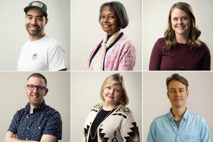 These six Peterborough entrepreneurs have taken their creative ventures to the next level by participating in Starter Company Plus, an entrepreneurial training program offered locally by the Peterborough & the Kawarthas Economic Development Business Advisory Centre with funding from the Ontario government. Left to right, top and bottom: Matt Anderson of Chemong City Greens, Debra Ragbar of Kawartha Spice Company Inc., Angela McDonald of The Florest, Mike Frampton of Tragically Dipped Donut, Alicia Doris of Living Local Marketplace, and Lewis Parker of East City Guitar Co. (Photos: Jenish Odigski / PKED)