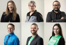 These six Peterborough entrepreneurs overcome pandemic challenges to launch businesses providing in-demand services. Each particpated in Starter Company Plus, an entrepreneurial training program offered locally by the Peterborough & the Kawarthas Economic Development Business Advisory Centre with funding from the Ontario government. Left to right, top and bottom: Desiree Bandi of 1.5 Degrees Composting Solutions, Karen Kearney of K9 in Motion Wellness, Jenish Odigineyev of Odigski Media, Lyle Saunders of Peterborough Disability Tax Services, and Shawn and Jolene Morris of Trim Time. (Photos: Jenish Odigski)